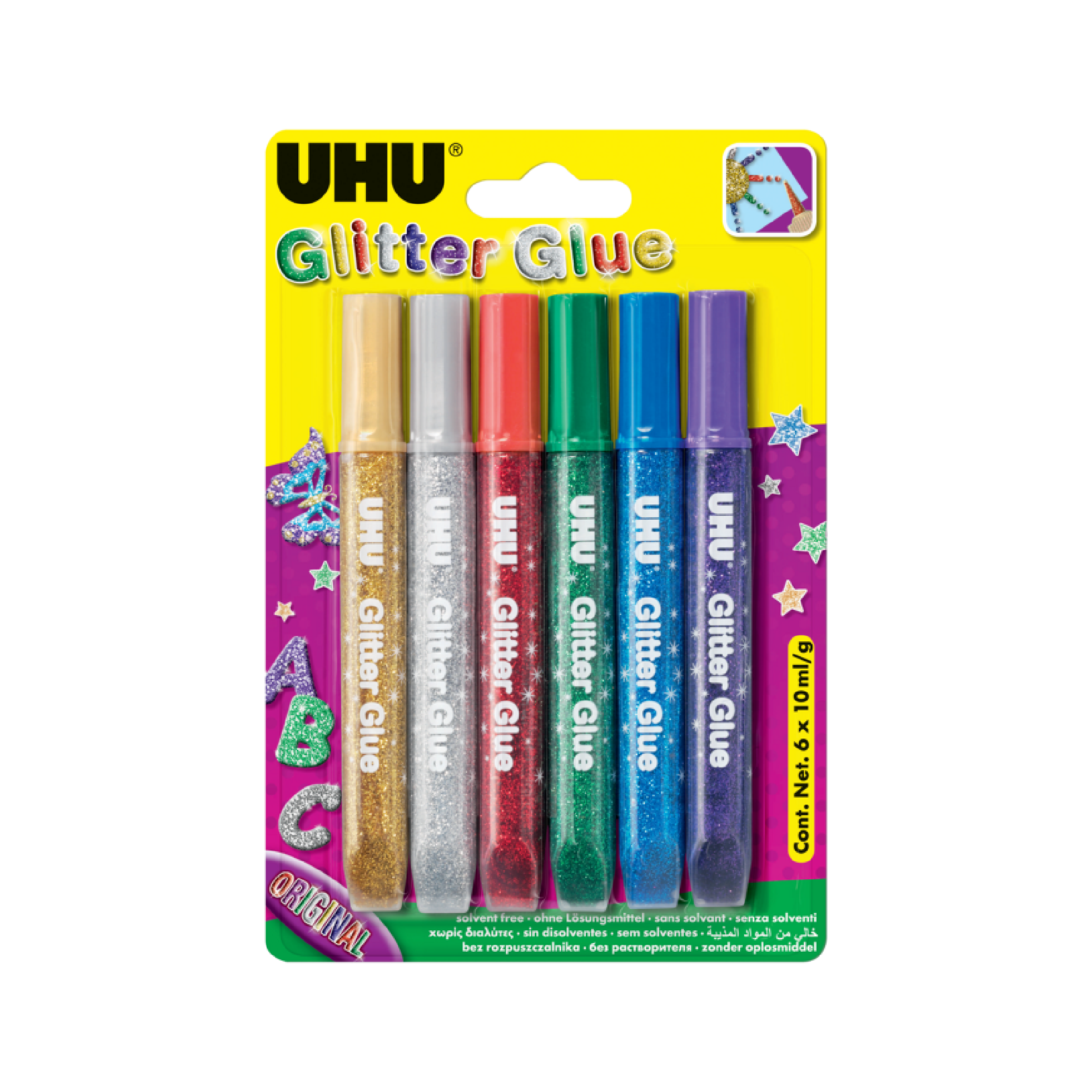 UHU Glitter Glue Set, 6 x 10ml, Assorted (D1549)