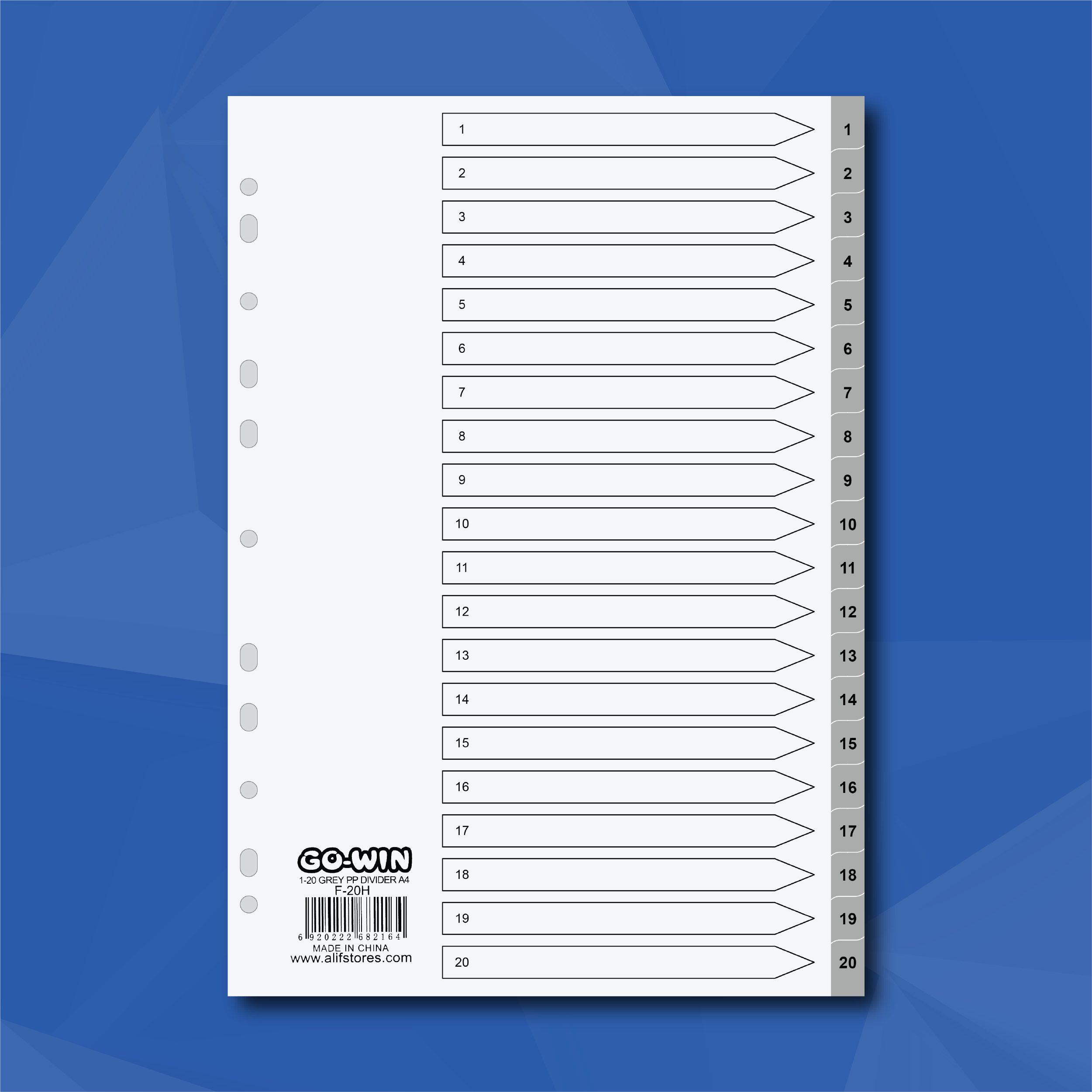 GO-WIN A4 PP Dividers, 1-20 with Numbering, Grey, 20-Tab (F-20H)