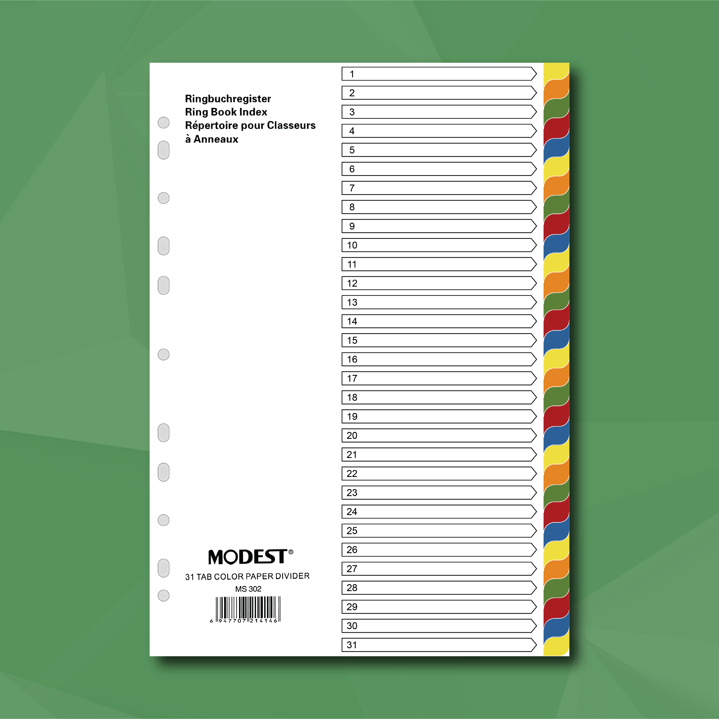 MODEST A4 Paper Dividers, 1-31 without Numbering, Color, 31-Tab (MS 302)
