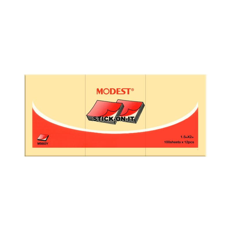 MODEST STICK-ON-IT Sticky Notes, 1.5" x 2", Yellow, 100Sheets/Pad, 12Pads/Pack (MS 653 Y)