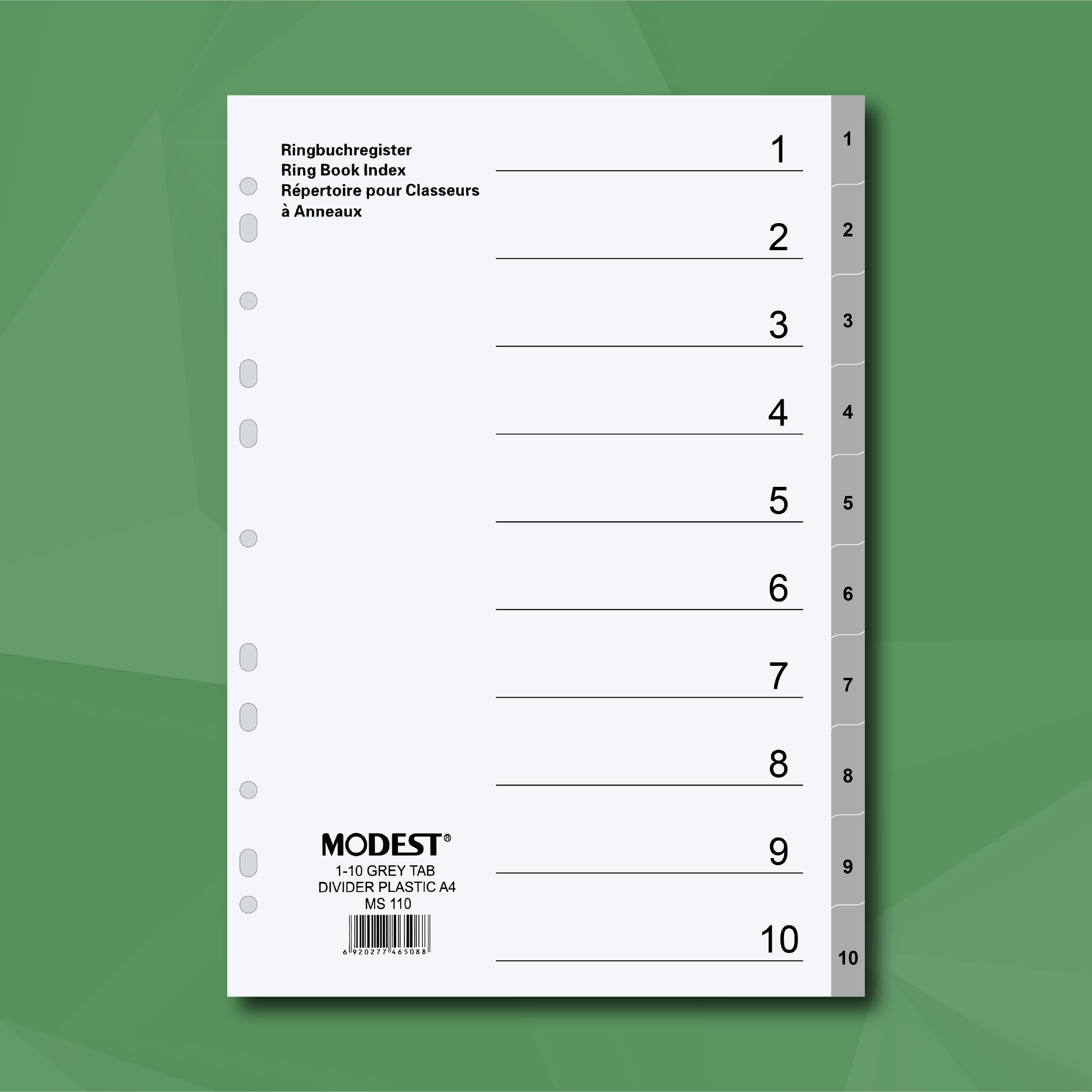 MODEST A4 PP Dividers, 1-10 with Numbering, Grey, 10-Tab (MS 110)