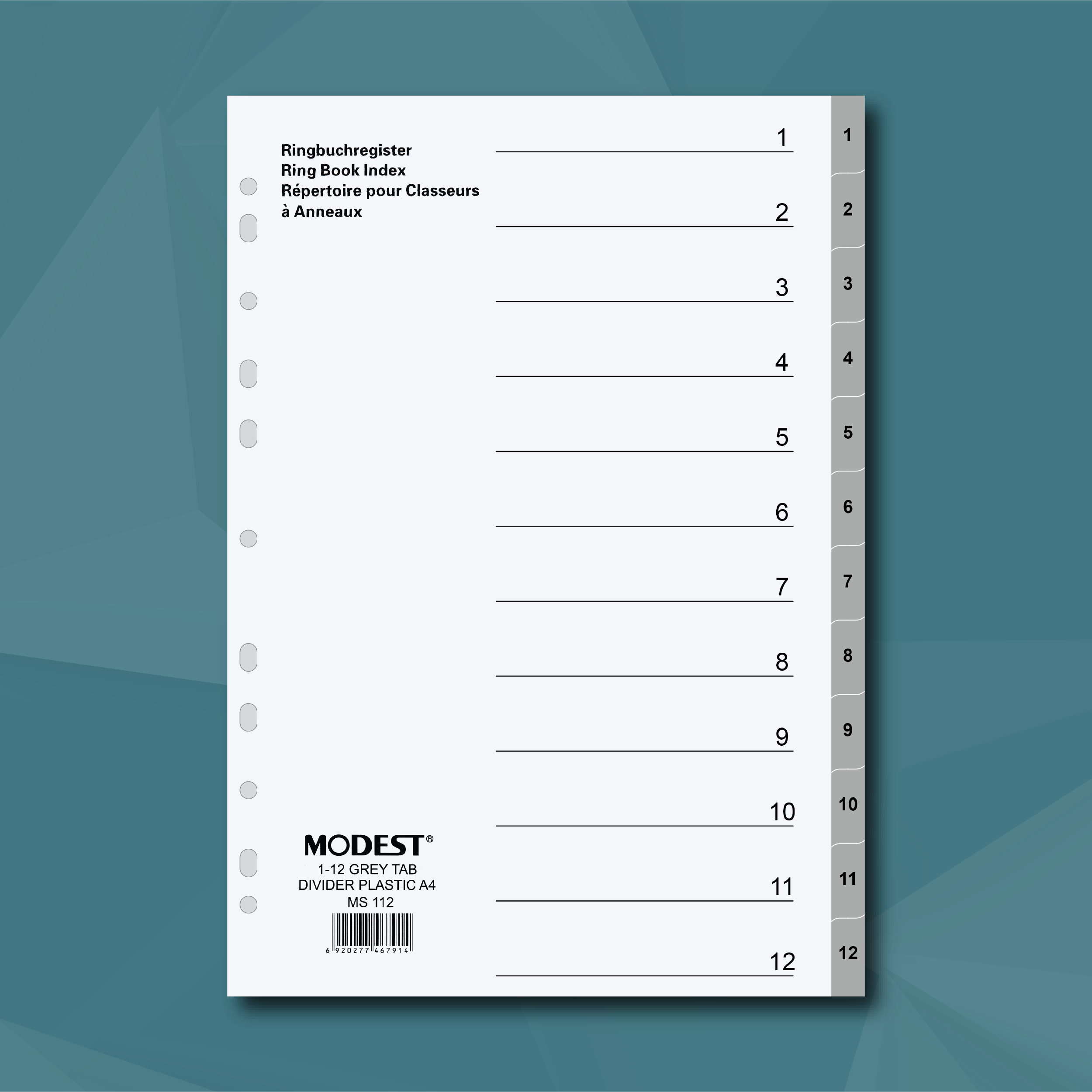 MODEST A4 PP Dividers, 1-12 with Numbering, Grey, 12-Tab (MS 112)