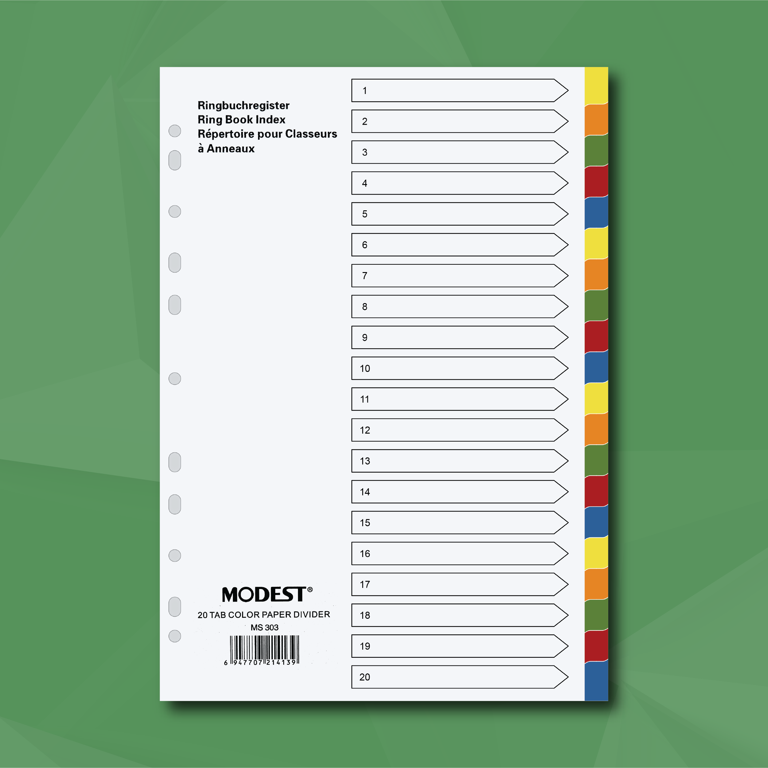 MODEST A4 Paper Dividers, 1-20 without Numbering, Color, 20-Tab (MS 303)