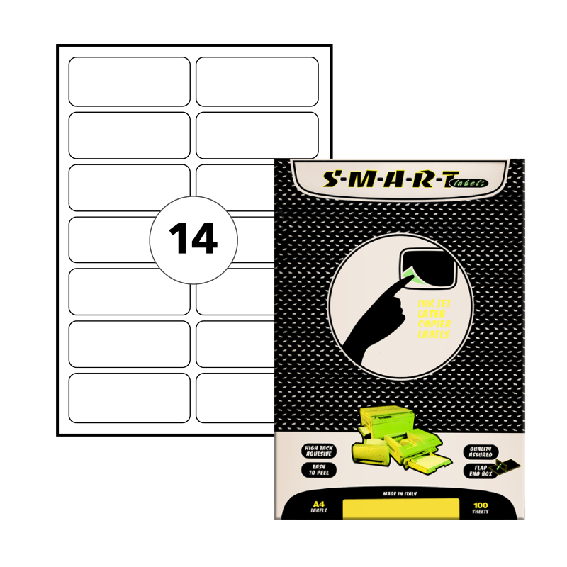 SMART Multi-Purpose Laser Labels, 99.1mm x 38.1mm, A4, White, 14Labels/Sheet, 100Sheets/Pack (SMART-991-200)
