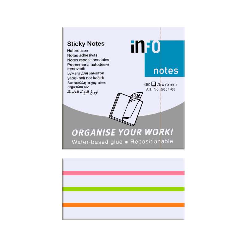 inFO Sticky Notes, 75mm x 75mm, Assorted, 450Sheets/Cube (5654-68)