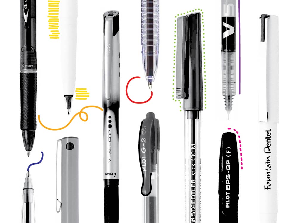 image showing pens arranged on a surface with doodles on