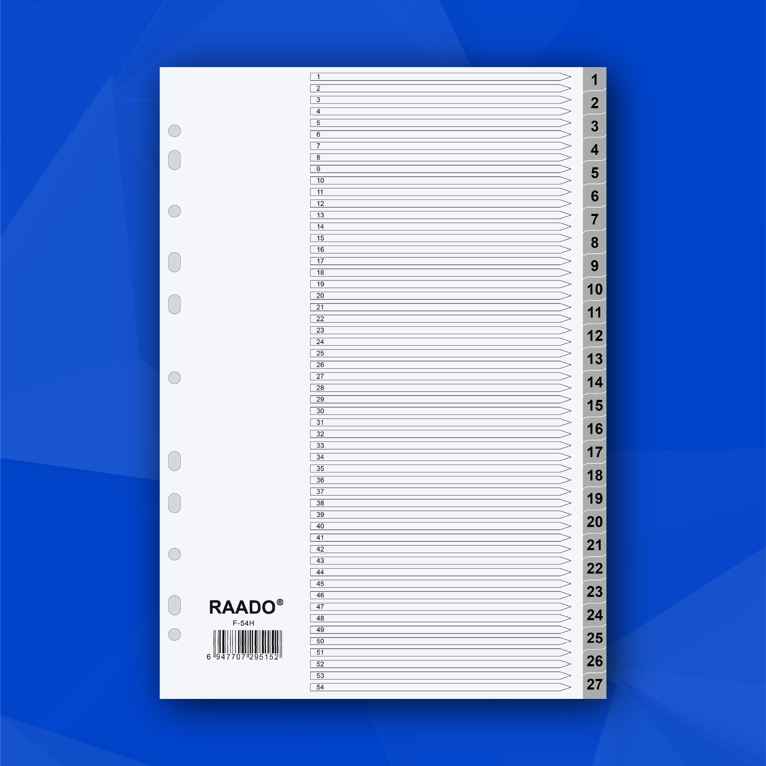 RAADO A4 PP Dividers, 1-54 with Numbering, Grey, 27-Tab (F-54H)