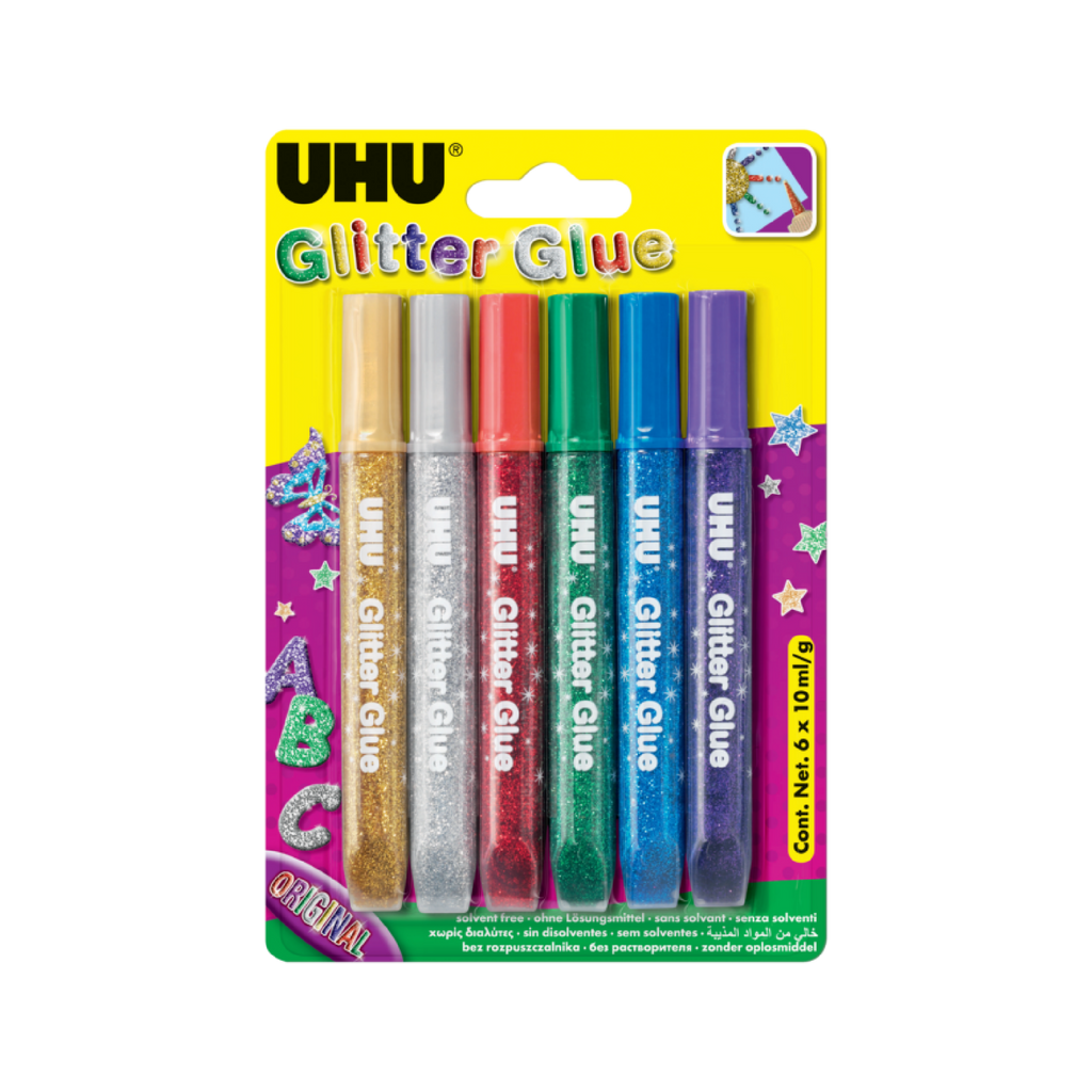 UHU Glitter Glue shiny - colla glitterata colorata in blister 6x10ml UHU Glitter Glue shiny - colla glitterata colorata in blister 6x10ml