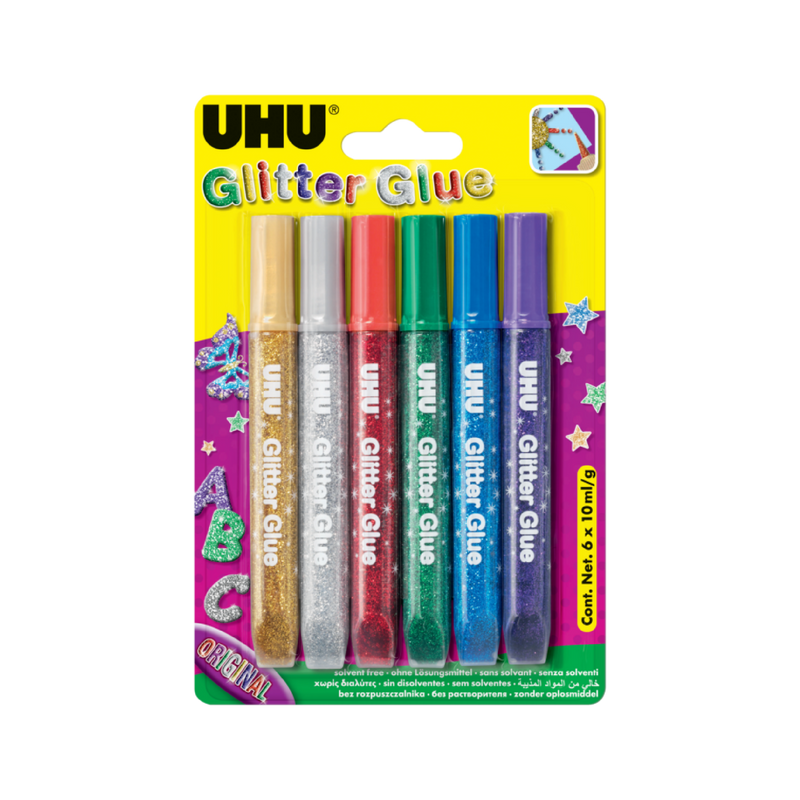 UHU Glitter Glue Set, 6 x 10ml, Assorted (D1549)
