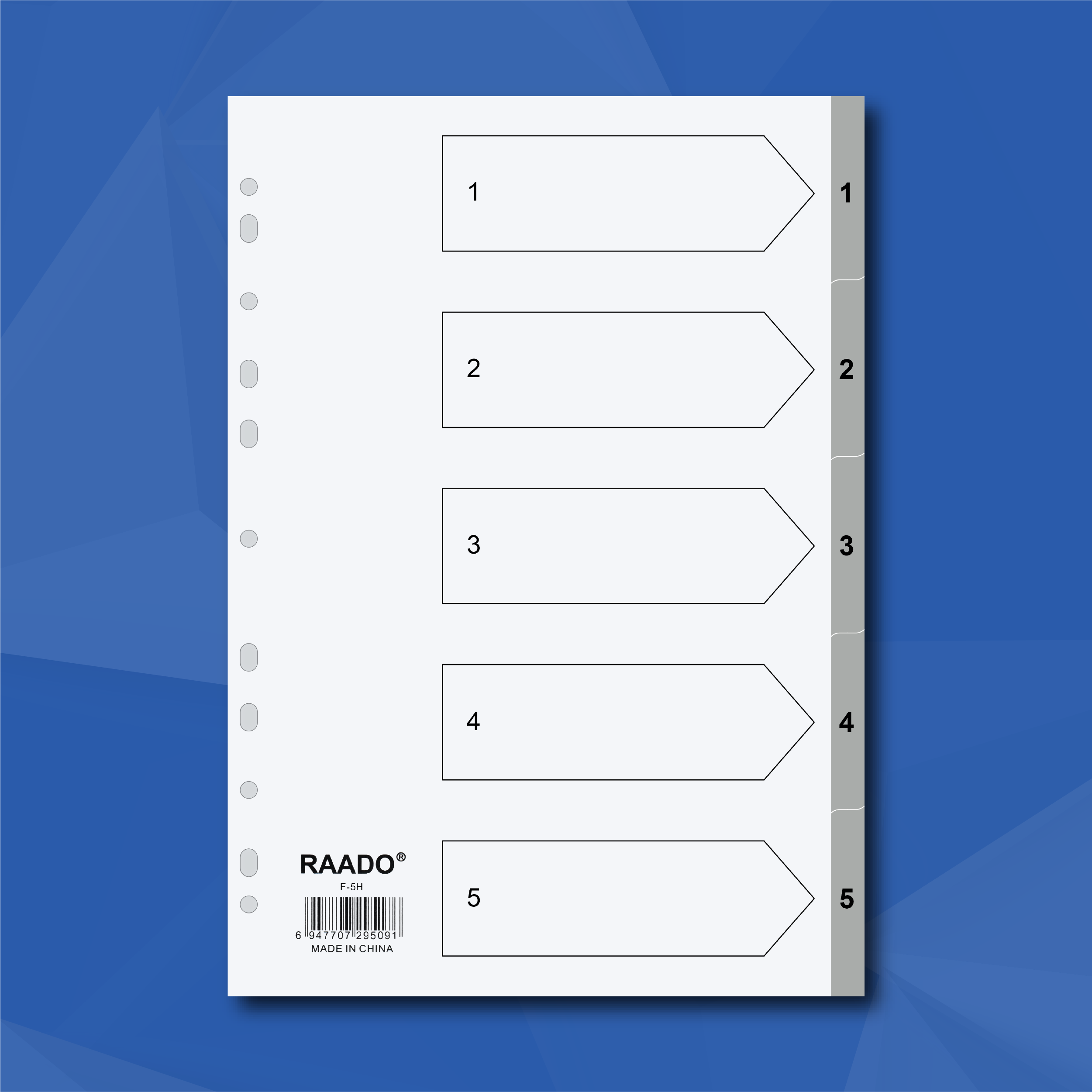 RAADO A4 PP Dividers, 1-5 with Numbering, Grey, 5-Tab (F-5H)
