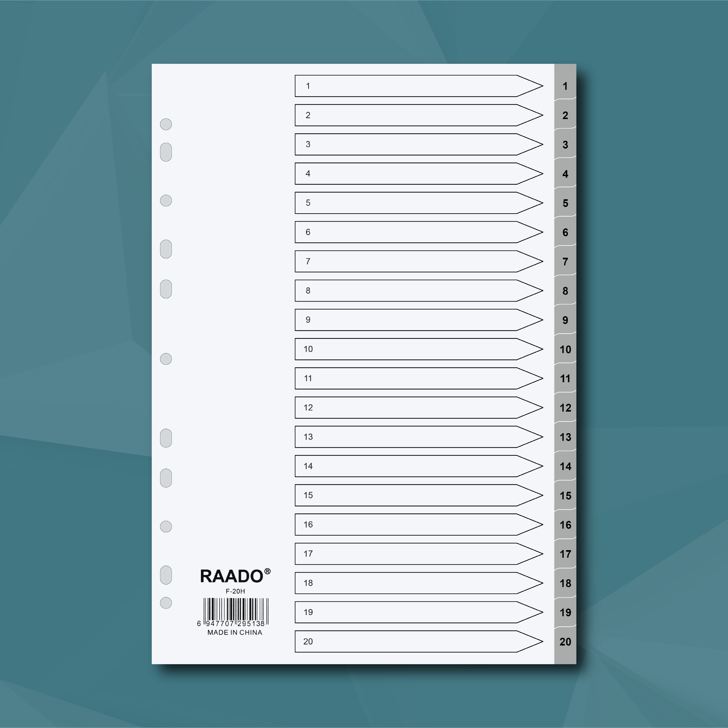 RAADO A4 PP Dividers, 1-20 with Numbering, Grey, 20-Tab (F-20H)
