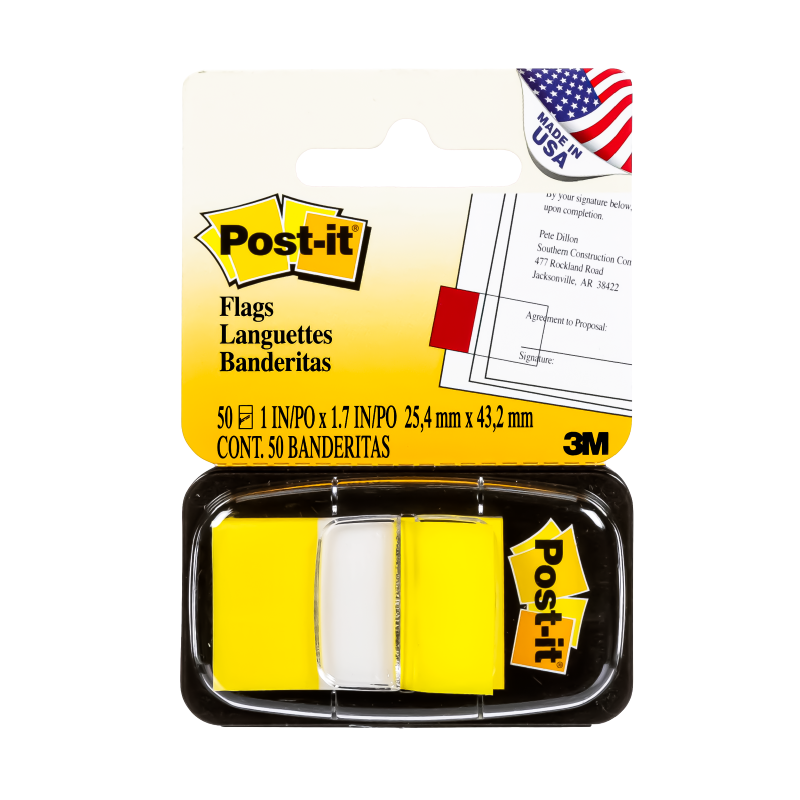 3M Post-It Flags, 25.4mm x 43.2mm, Yellow, 50Sheets/Dispenser (680-5)