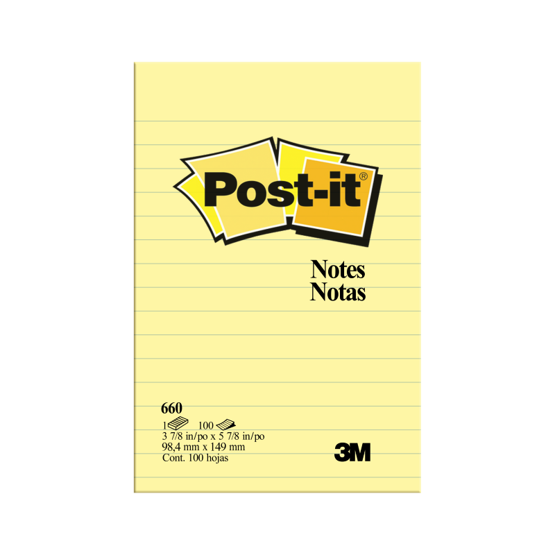 3M Post-It Notes, 98.4mm x 149mm, Yellow, Lined, 100Sheets/Pad, 12Pads/Pack (660Y)