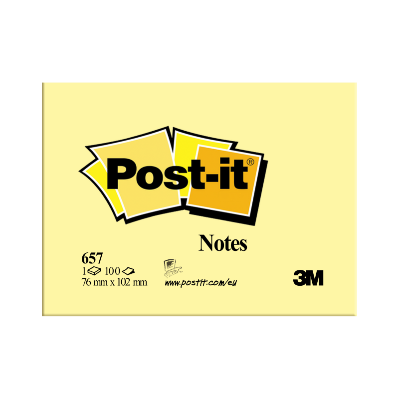 3M Post-It Notes, 76mm x 102mm, Yellow, 100Sheets/Pad, 12Pads/Pack (657Y)