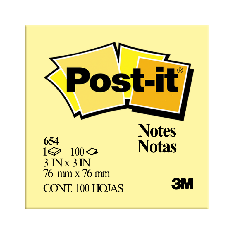 3M Post-It Notes, 76mm x 76mm, Yellow, 100Sheets/Pad, 12Pads/Pack (654Y)