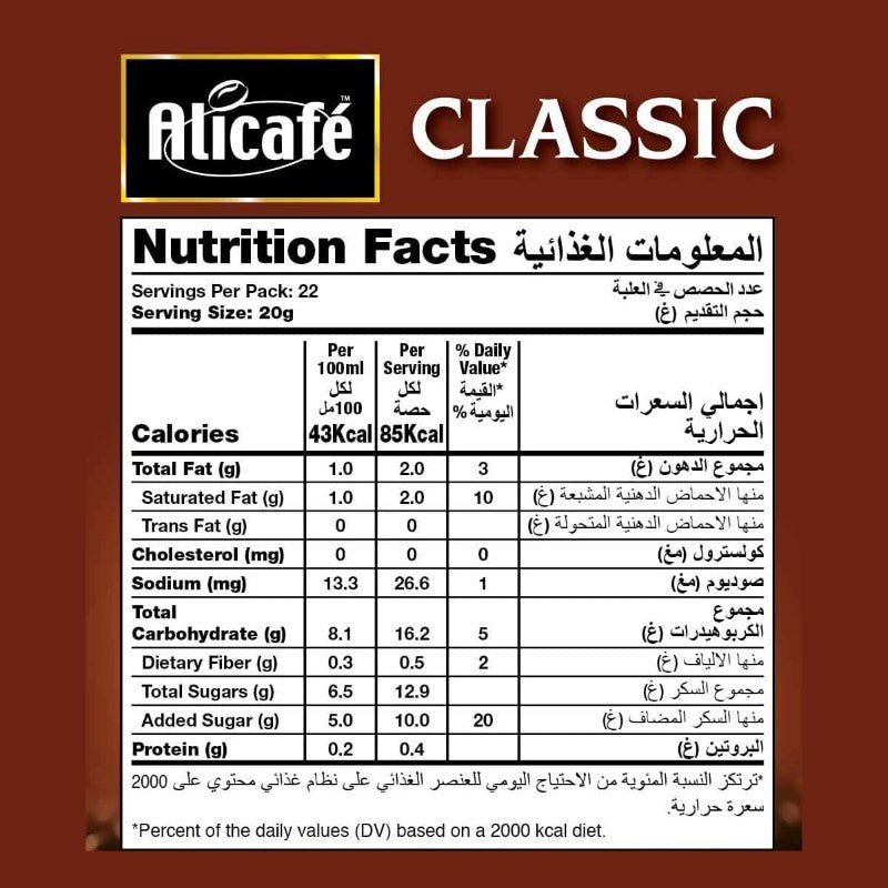 Nutrition Facts of Alicafe Classic Instant Coffee 