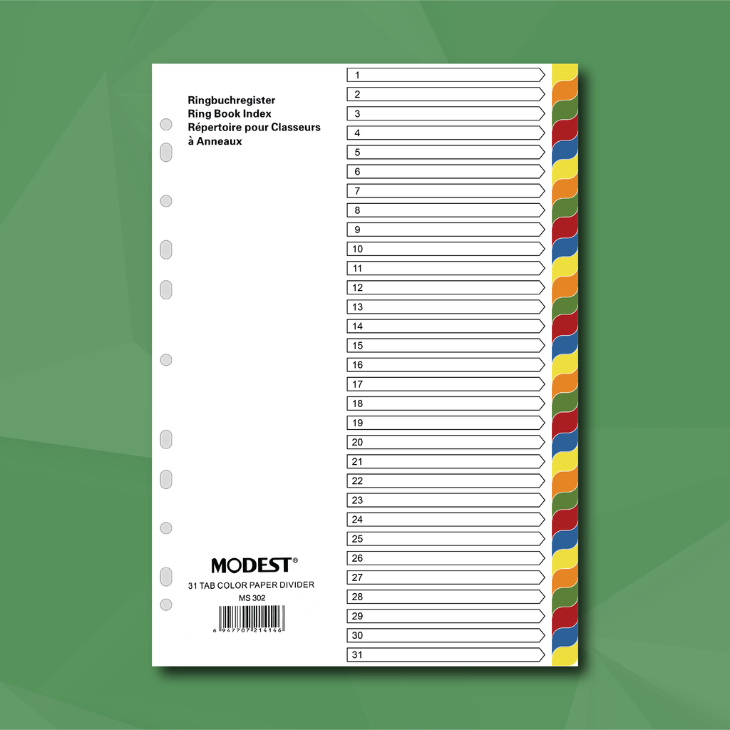 MODEST A4 Paper Dividers, 1-31 without Numbering, Color, 31-Tab (MS 30
