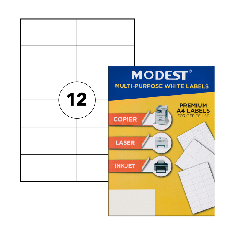 MODEST Multi-Purpose Laser Labels, 105mm x 48mm, A4, White, 12Labels/Sheet, 100Sheets/Pack (MS 90020)
