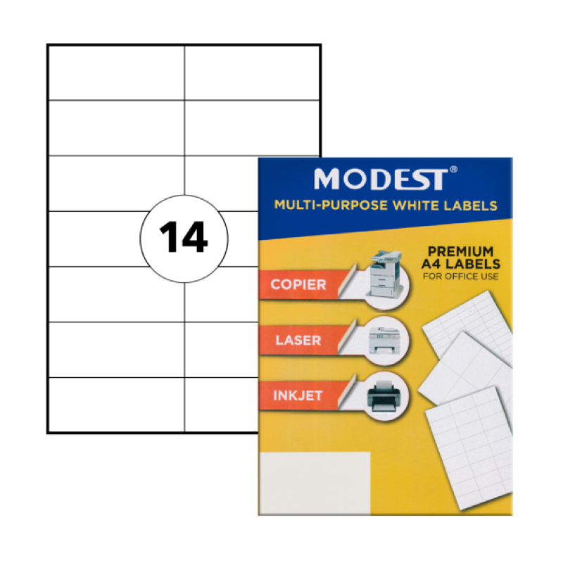 MODEST Multi-Purpose Laser Labels, 105mm x 41mm, A4, White, 14Labels/Sheet, 100Sheets/Pack (MS 90018)