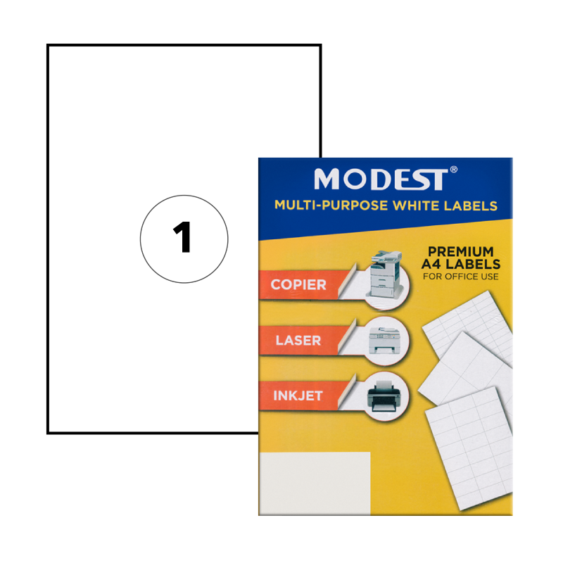 MODEST Multi-Purpose Laser Labels, 210mm x 297mm, A4, White, 1Label/Sheet, 100Sheets/Pack (MS 90026)