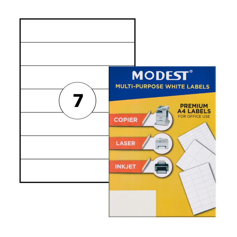MODEST Multi-Purpose Laser Labels, 192mm x 38mm, A4, White, 7Labels/Sheet, 100Sheets/Pack (MS 90218)