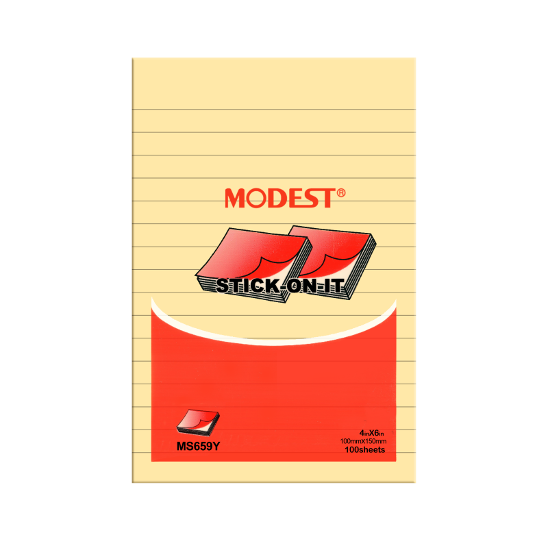 MODEST STICK-ON-IT Sticky Notes, 4" x 6", Yellow, Lined, 100Sheets/Pad, 6Pads/Pack (MS 659 Y)