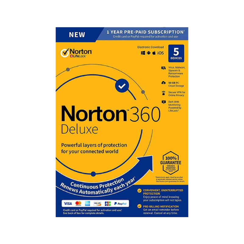 Norton 360 Deluxe with 50GB Cloud Storage, 5 Users, Windows/Mac/Android/iOS (21405129)