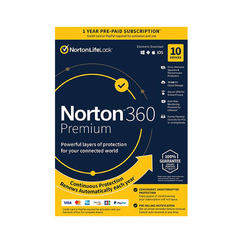 Norton 360 Premium with 75GB Cloud Storage, 10 Users, Windows/Mac/Android/iOS (21405122)