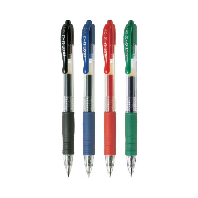 Pilot G-2 Gel Pen with an Extra Fine 0.5mm Point in Various Colors: Red, Blue, Green, and Black