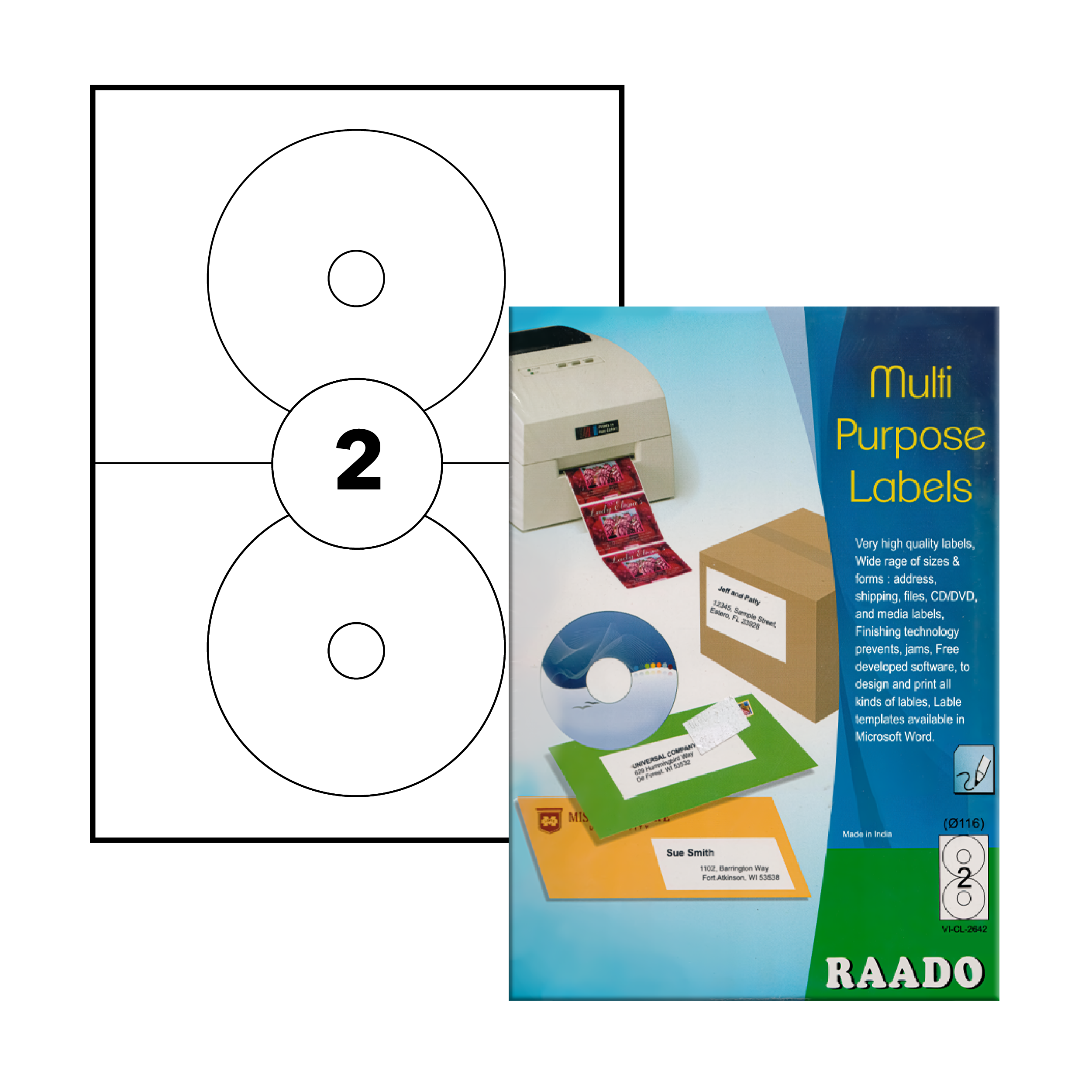 RAADO Multi-Purpose Laser Labels, 116mm, CD, A4, White, 2Labels/Sheet, 100Sheets/Pack (VI-CL-2642)