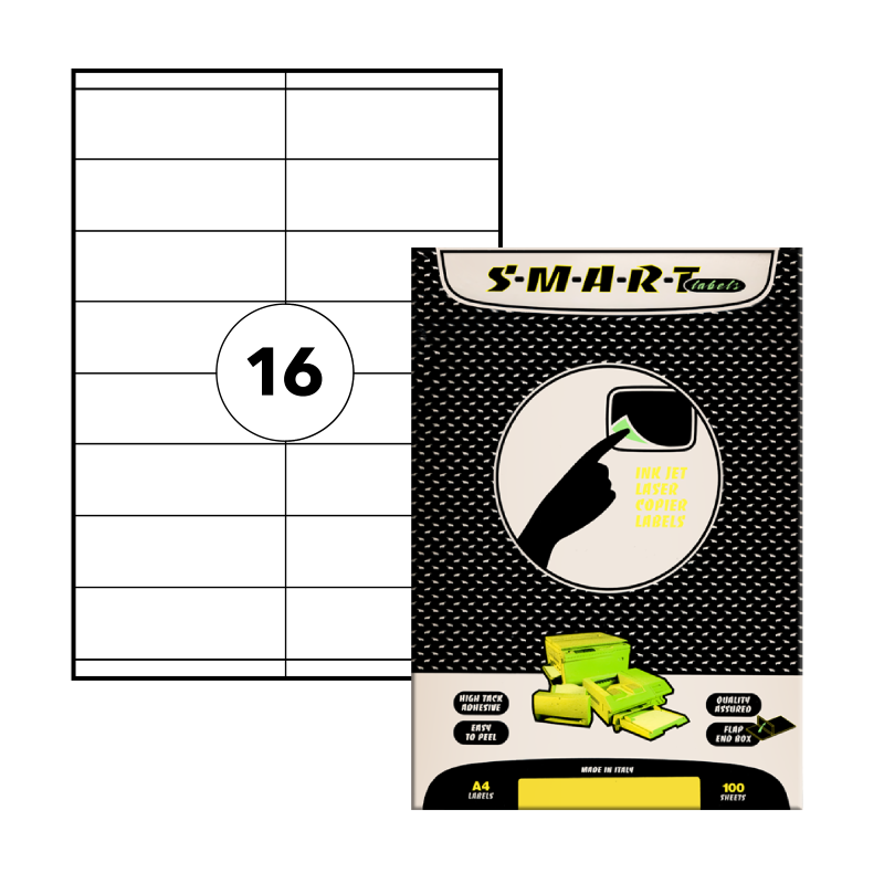 SMART Multi-Purpose Laser Labels, 105mm x 35mm, A4, White, 16Labels/Sheet, 100Sheets/Pack (SMART-105-035)