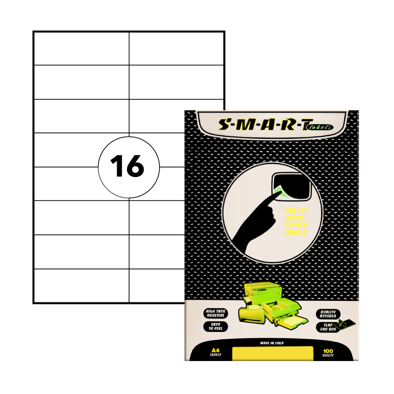 SMART Multi-Purpose Laser Labels, 105mm x 37mm, A4, White, 16Labels/Sheet, 100Sheets/Pack (SMART-105-037)