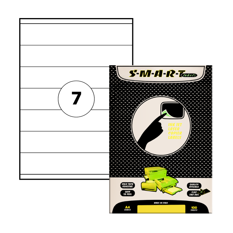 SMART Multi-Purpose Laser Labels, 210mm x 40mm, A4, White, 7Labels/Sheet, 100Sheets/Pack (SMART-210-040)
