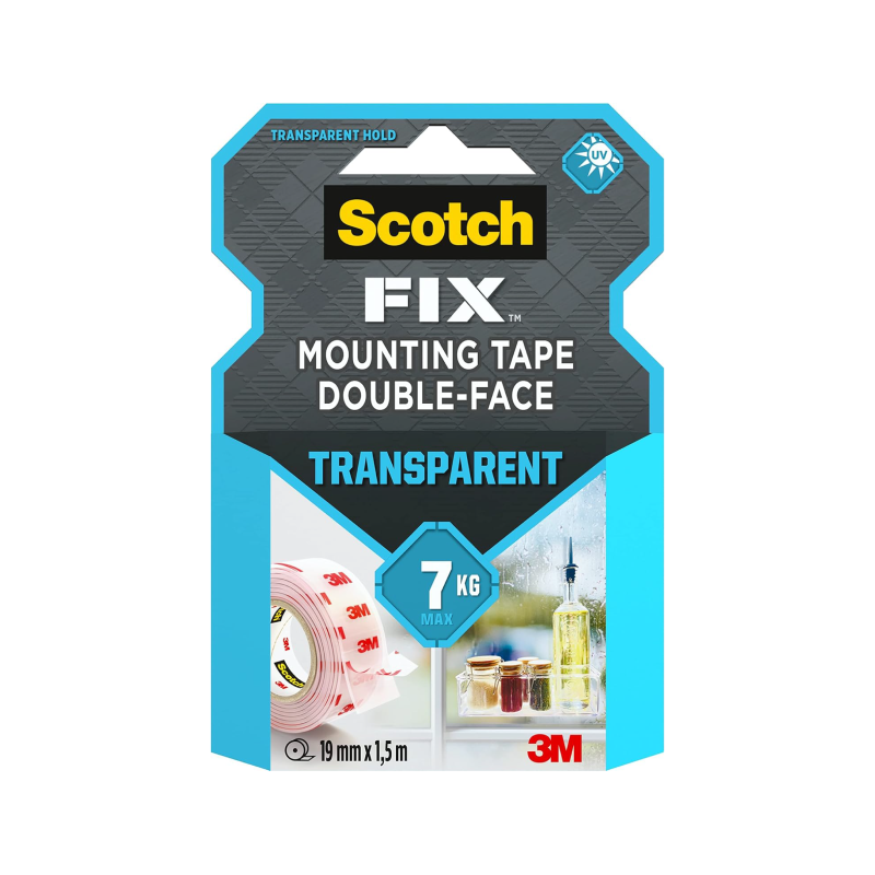 3M Scotch-FIX Double-Sided Transparent Mounting Tape, 19mm x 1.5m x 1" Core, 1Roll/Pack (4910C-1915-P)