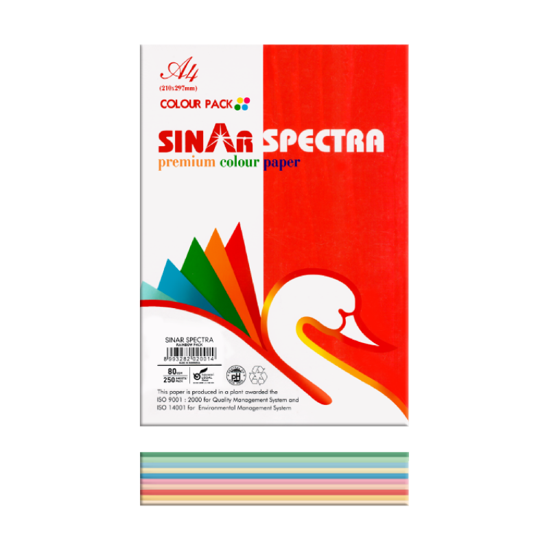 Sinar Spectra A4 Premium Color Paper, Rainbow Pack, 80gsm, 250Sheets/Ream
