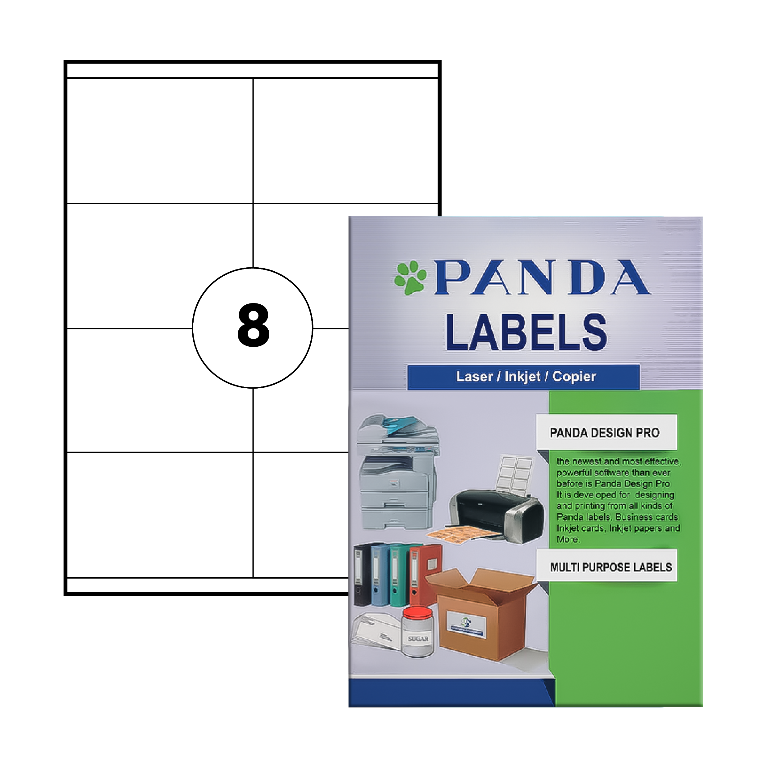 Panda Multi-Purpose Laser Labels, 105mm x 70mm, A4, White, 8Labels/Sheet, 100Sheets/Pack (PA-1108)
