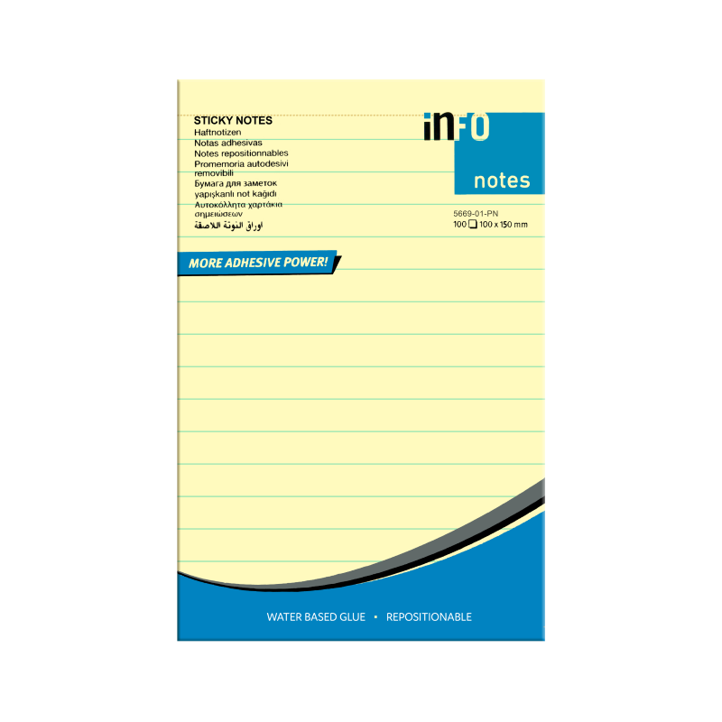 inFO Sticky Notes, 100mm x 150mm, Yellow, Lined, 100Sheets/Pad, 12Pads/Pack (5669-01)