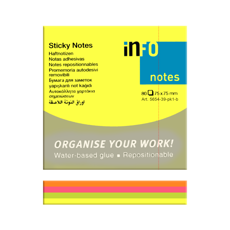 inFO Sticky Notes, 75mm x 75mm, Assorted, 80Sheets/Pad, 12Pads/Pack (5654-39-pk1-b)