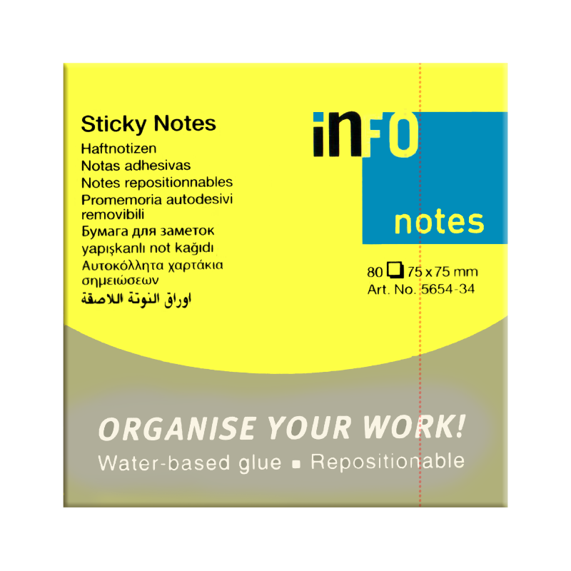 inFO Sticky Notes, 75mm x 75mm, Neon Yellow, 80Sheets/Pad, 12Pads/Pack