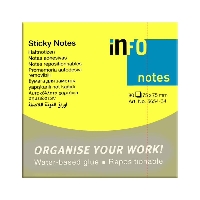 inFO Sticky Notes, 75mm x 75mm, Neon Yellow, 80Sheets/Pad, 12Pads/Pack (5654-34)