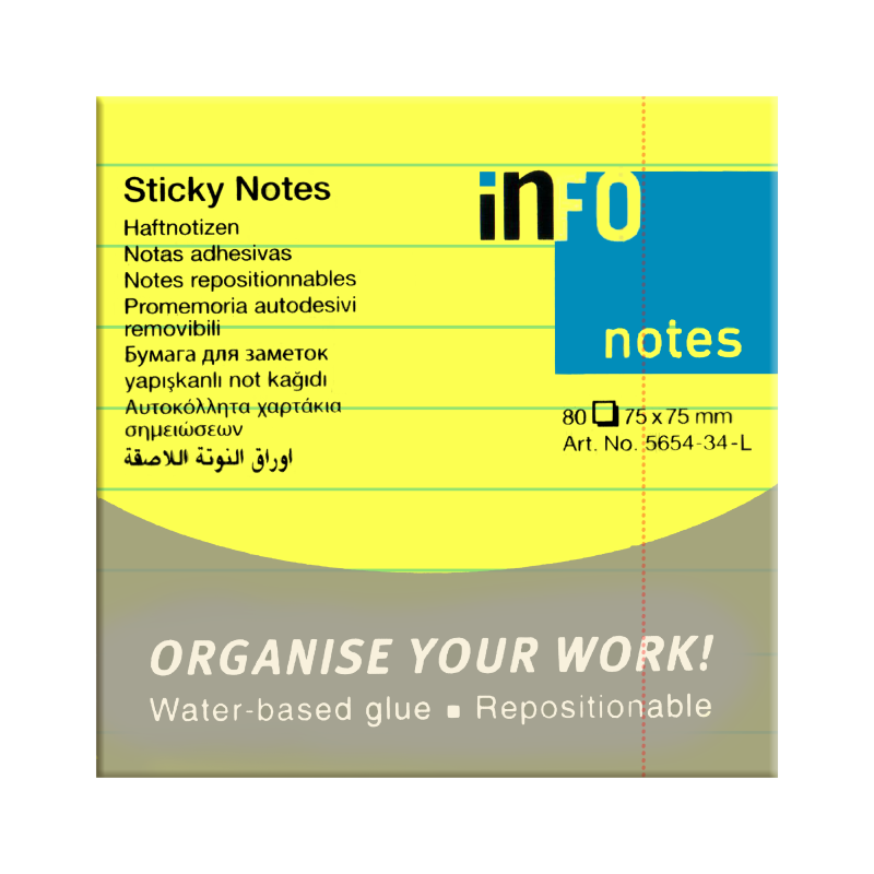 inFO Sticky Notes, 75mm x 75mm, Neon Yellow, Lined, 80Sheets/Pad, 12Pads/Pack (5654-34-L)
