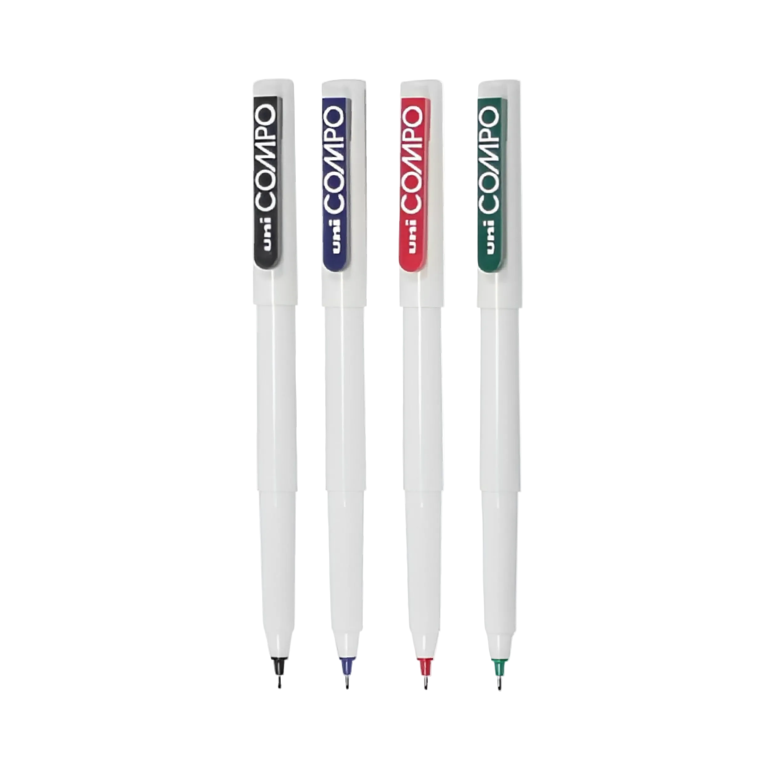 A set of uni-ball Compo Fine Liner Pens with ultra fine points, displayed in four different colors: black, red, blue, and green.