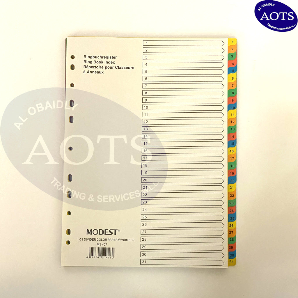 MODEST A4 Paper Dividers, 1-31 with Numbering, Color, 31-Tab (MS 407)