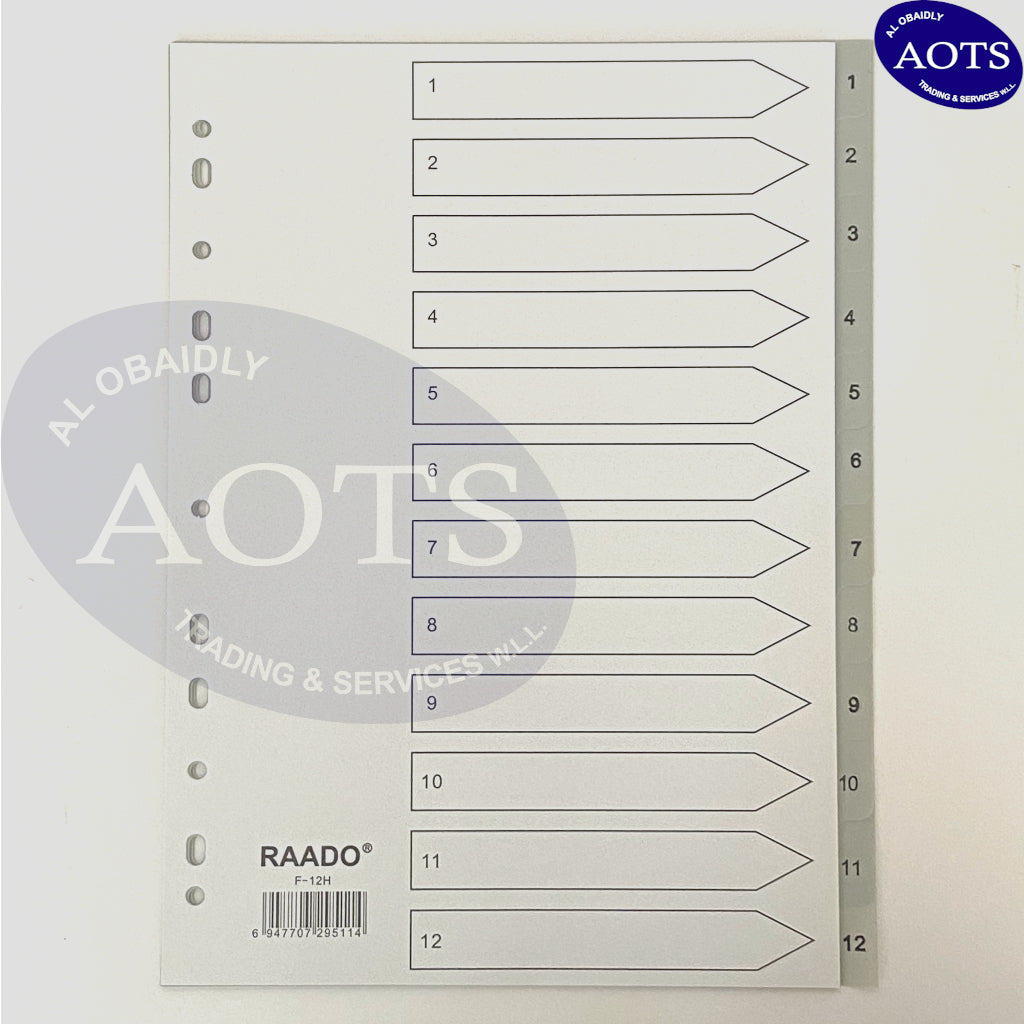 RAADO A4 PP Dividers, 1-12 with Numbering, Grey, 12-Tab (F-12H)