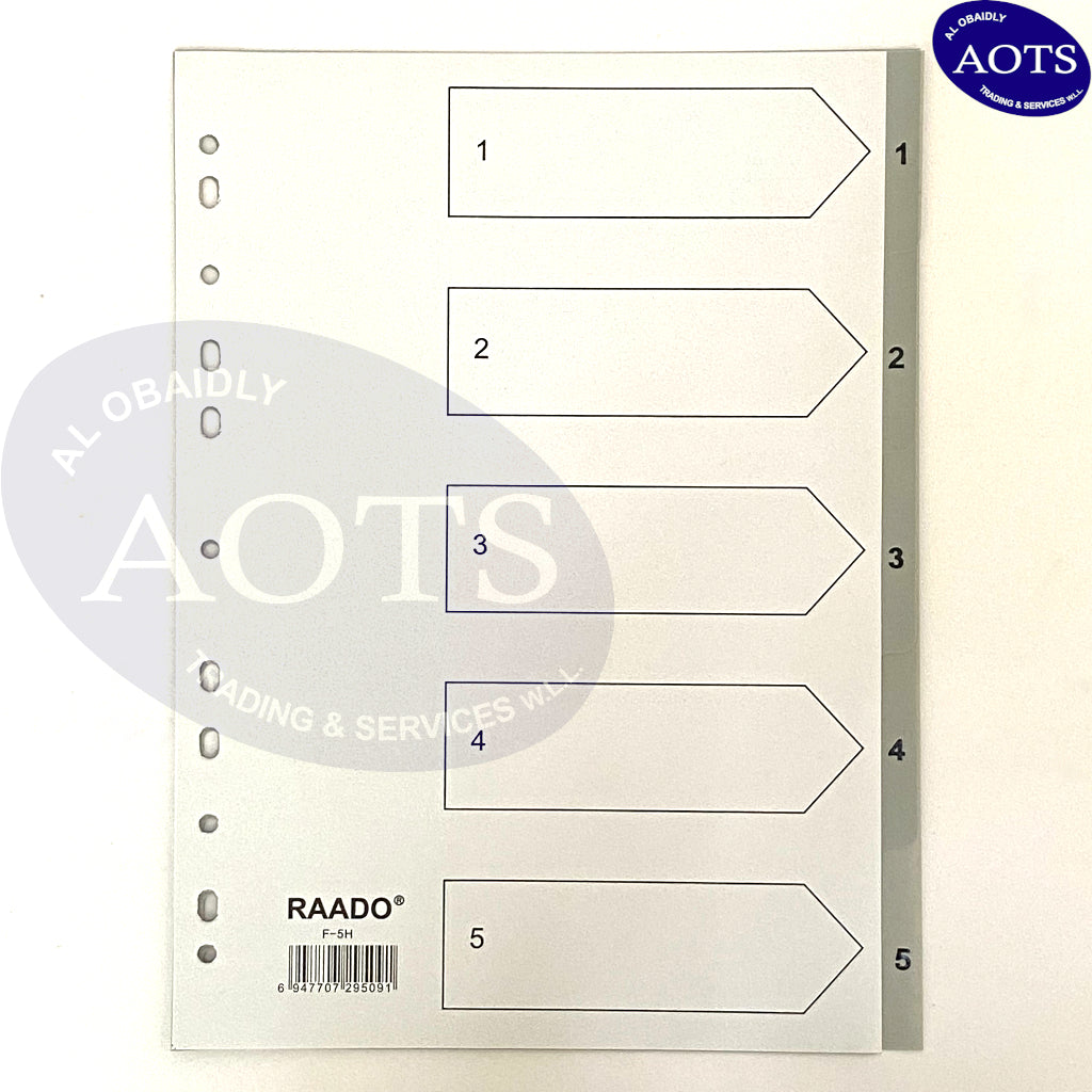 RAADO A4 PP Dividers, 1-5 with Numbering, Grey, 5-Tab (F-5H)