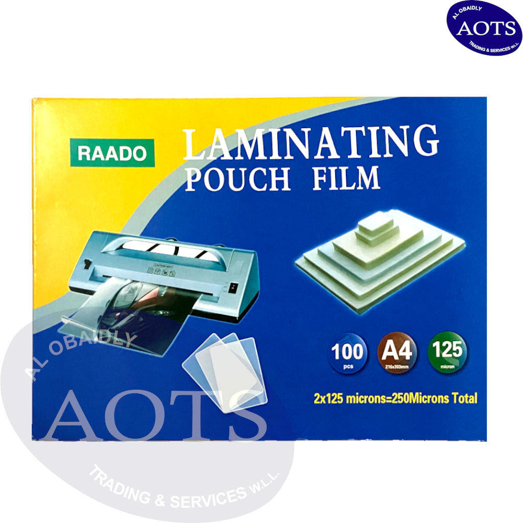 RAADO Lamination Pouch Film, A4 Size, 216x303mm, 125 Micron, 100/Pack